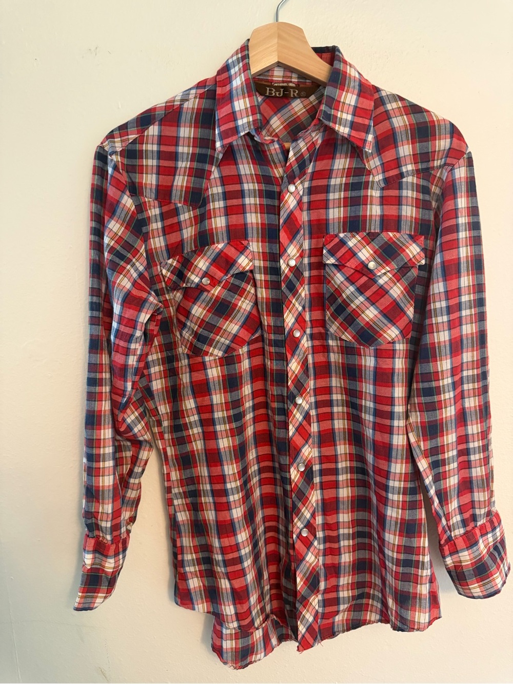 Red Plaid Western Button-Up Shirt vintage western wear pearl snap buttons size S